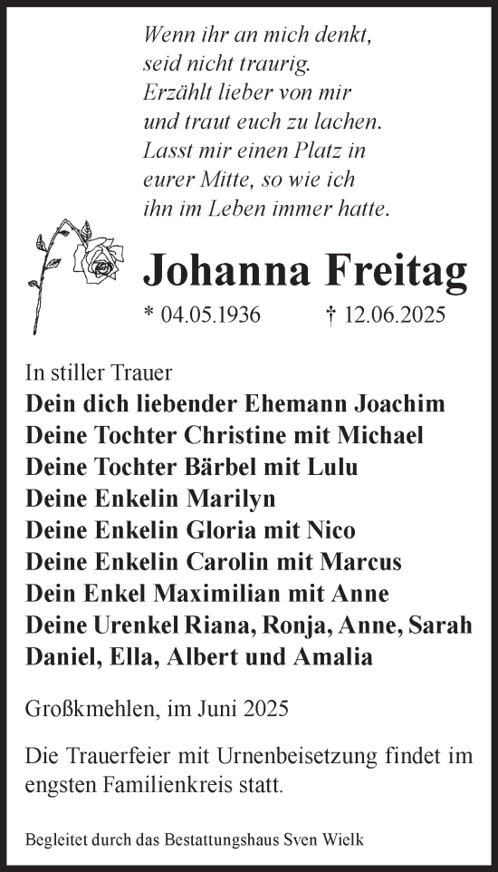 Traueranzeige von Johanna Freitag von WochenKurier
