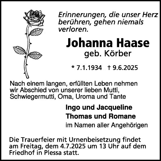 Traueranzeige von Johanna Haase von WochenKurier