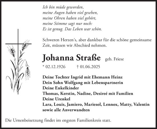 Traueranzeige von Johanna Straße von WochenKurier
