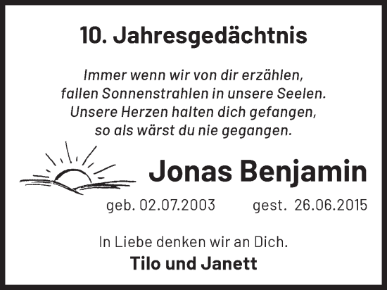 Traueranzeige von Jonas Benjamin von WochenKurier
