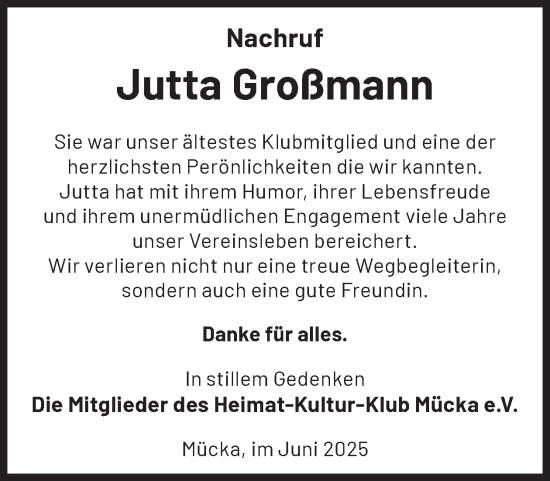 Traueranzeige von Jutta Großmann von WochenKurier