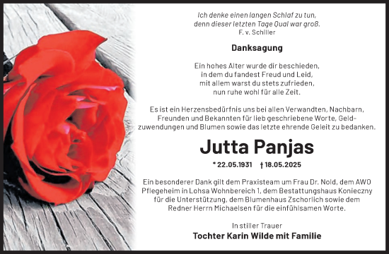 Traueranzeige von Jutta Panjas von WochenKurier