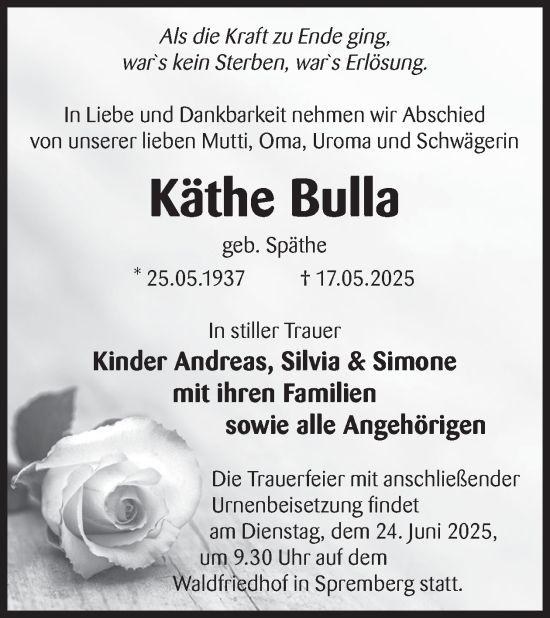 Traueranzeige von Käthe Bulla von WochenKurier