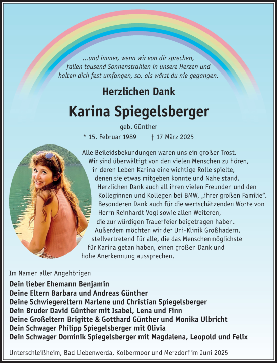 Traueranzeige von Karina Spiegelsberger von WochenKurier