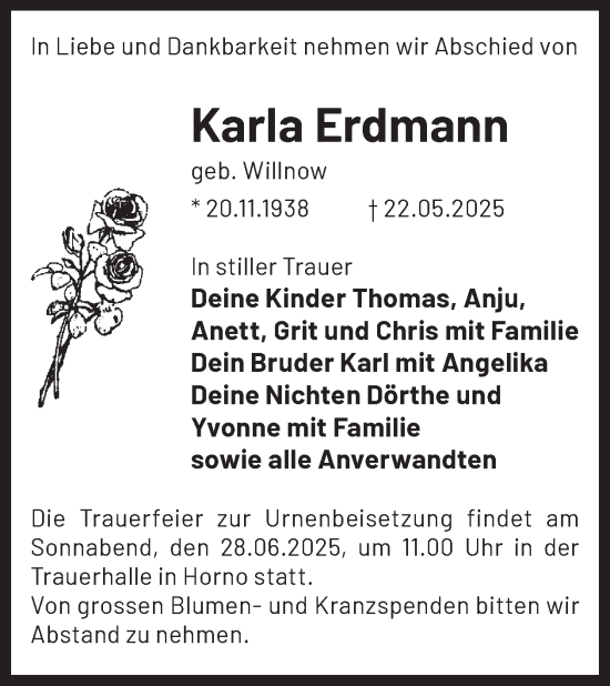 Traueranzeige von Karla Erdmann von WochenKurier