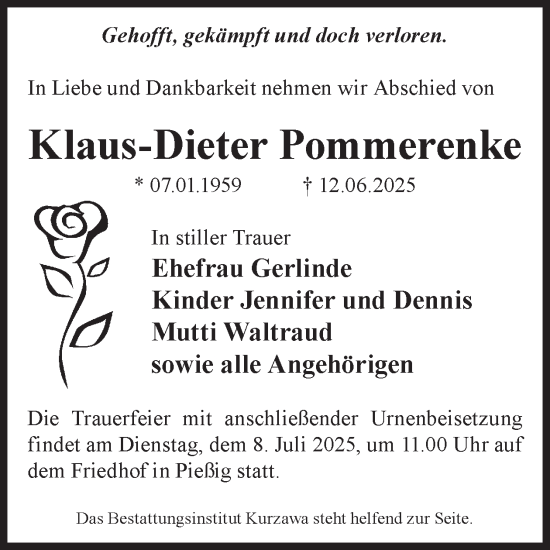 Traueranzeige von Klaus-Dieter Pommerenke von WochenKurier