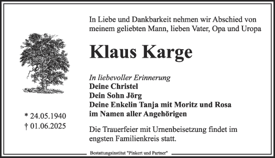Traueranzeige von Klaus Karge von WochenKurier