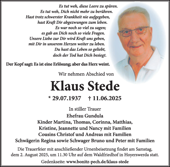 Traueranzeige von Klaus Stede von WochenKurier