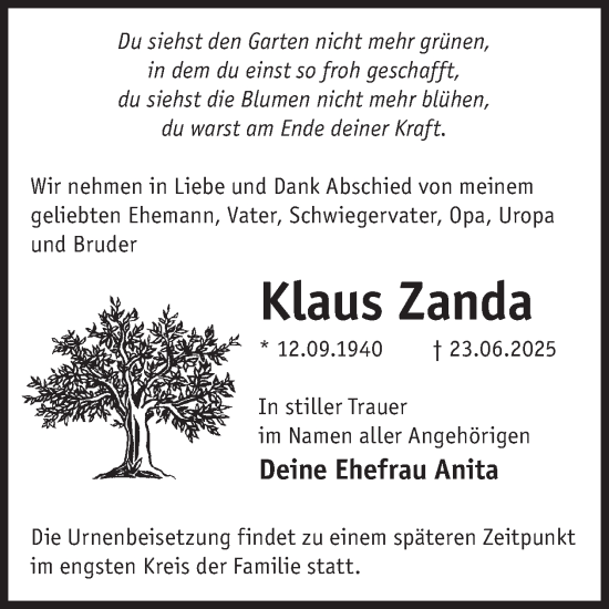 Traueranzeige von Klaus Zanda von WochenKurier