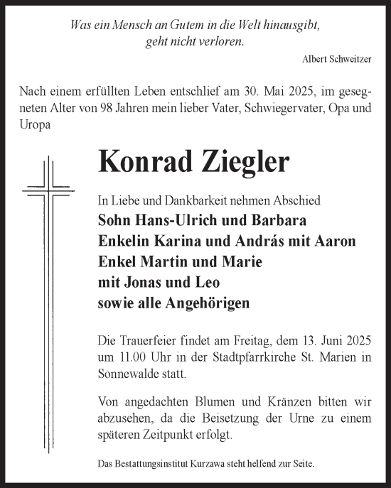 Traueranzeige von Konrad Ziegler von WochenKurier