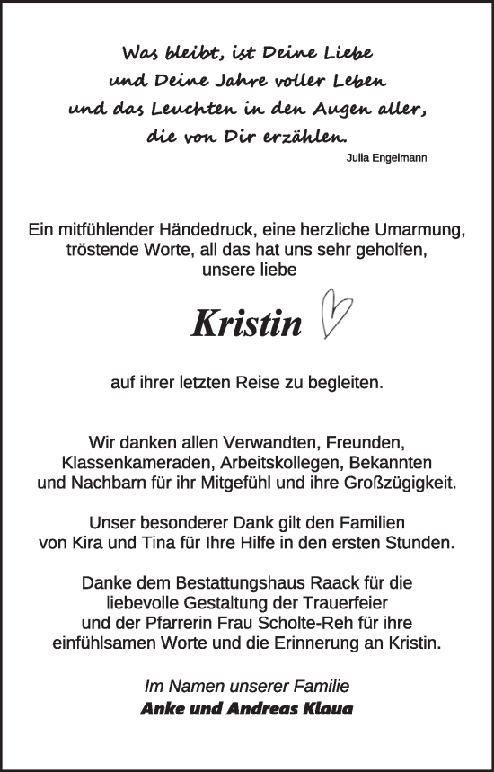Traueranzeige von Kristin  von WochenKurier