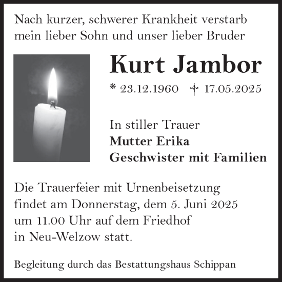 Traueranzeige von Kurt Jambor von WochenKurier