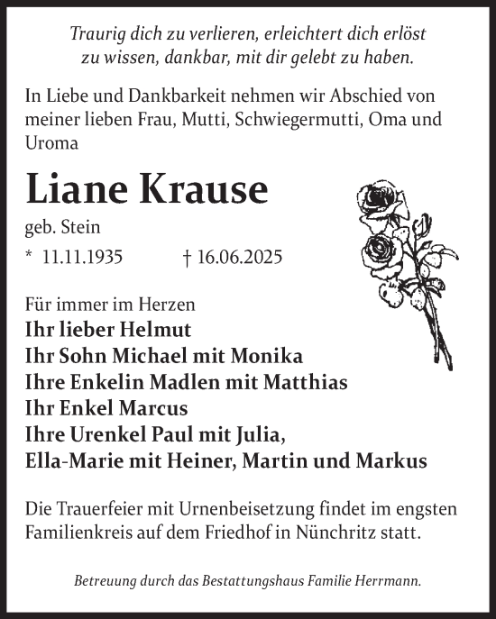 Traueranzeige von Liane Krause von WochenKurier