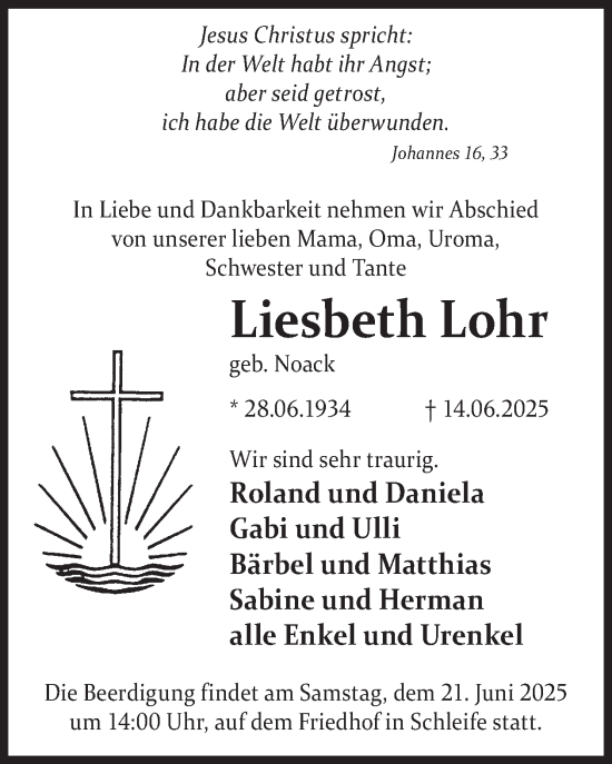 Traueranzeige von Liesbeth Lohr von WochenKurier