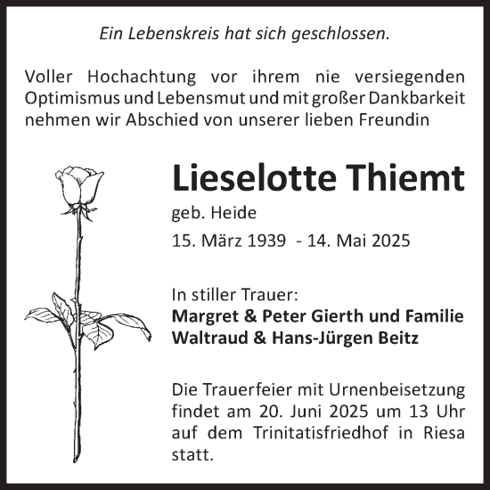 Traueranzeige von Lieselotte Thiemt von WochenKurier