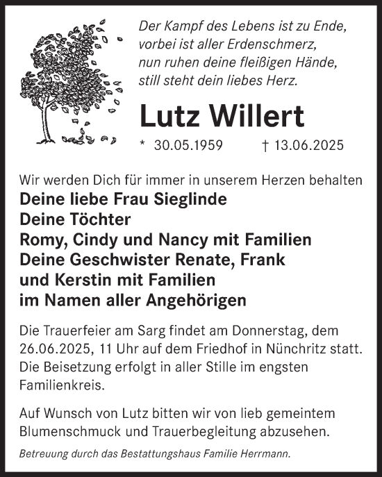 Traueranzeige von Lutz Willert von WochenKurier
