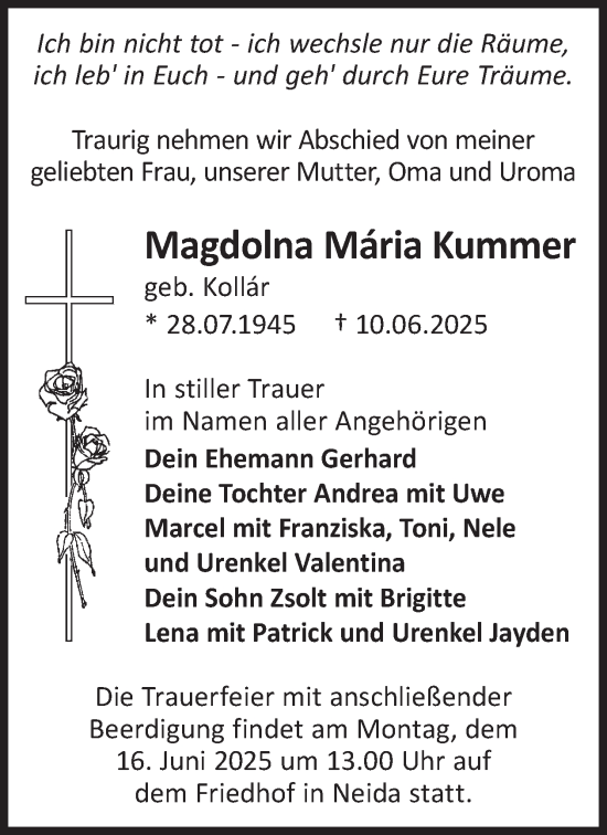 Traueranzeige von Magdolna Mária Kummer von WochenKurier