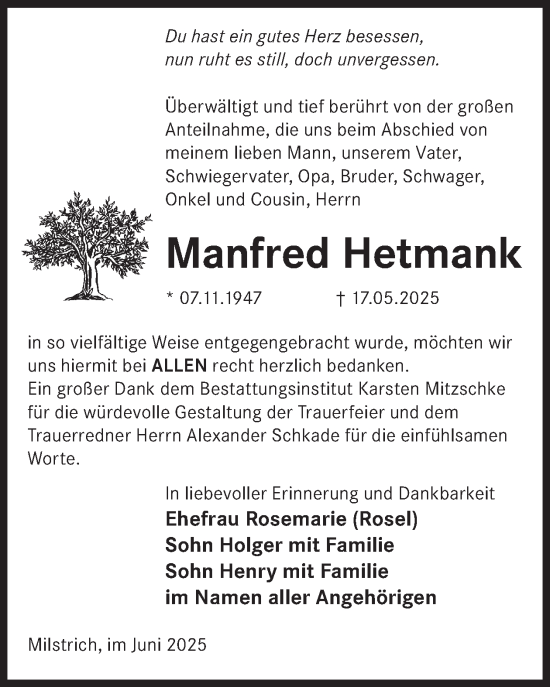Traueranzeige von Manfred Hetmank von WochenKurier