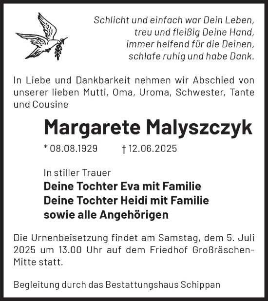 Traueranzeige von Margarete Malyszczyk von WochenKurier