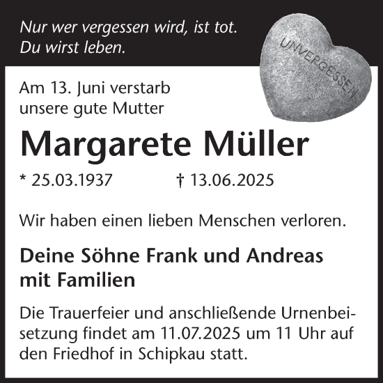 Traueranzeige von Margarete Müller von WochenKurier