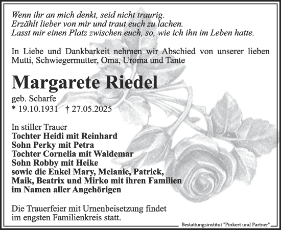 Traueranzeige von Margarete Riedel von WochenKurier