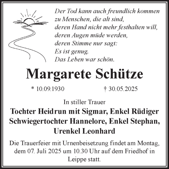 Traueranzeige von Margarete Schütze von WochenKurier