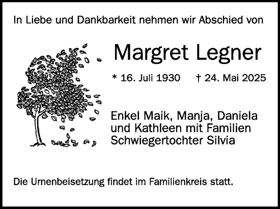 Traueranzeige von Margret Legner von WochenKurier