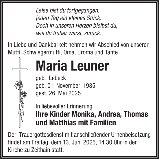 Traueranzeige von Maria Leuner von WochenKurier