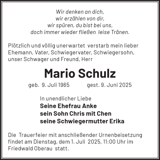 Traueranzeige von Mario Schulz von WochenKurier