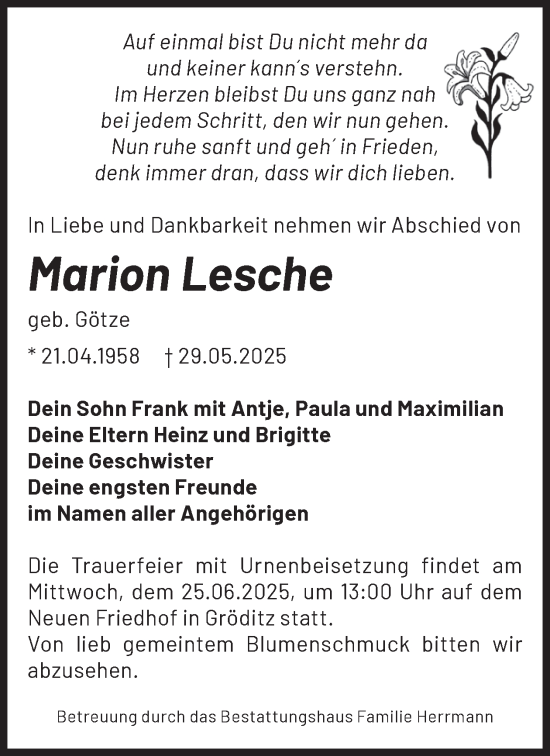 Traueranzeige von Marion Lesche von WochenKurier