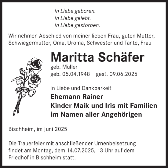 Traueranzeige von Maritta Schäfer von WochenKurier