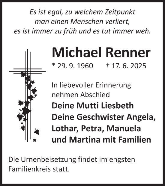 Traueranzeige von Michael Renner von WochenKurier