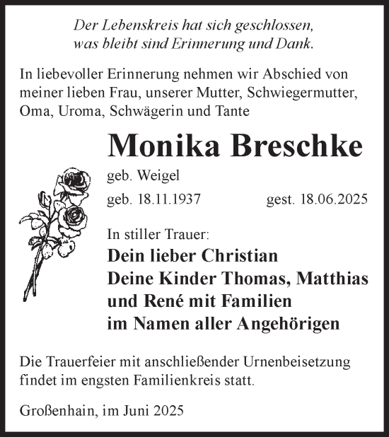 Traueranzeige von Monika Breschke von WochenKurier