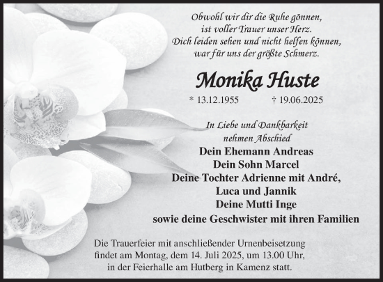 Traueranzeige von Monika Huste von WochenKurier
