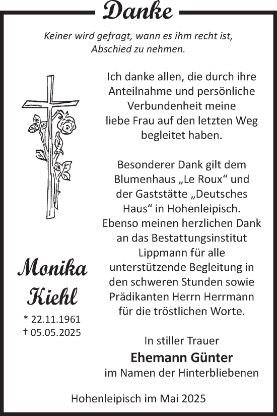 Traueranzeige von Monika Kiehl von WochenKurier