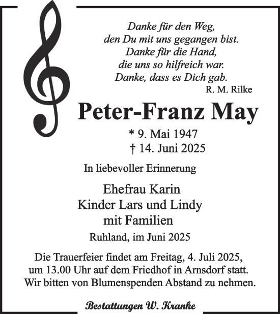 Traueranzeige von Peter-Franz May von WochenKurier