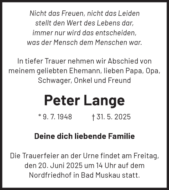 Traueranzeige von Peter Lange von WochenKurier