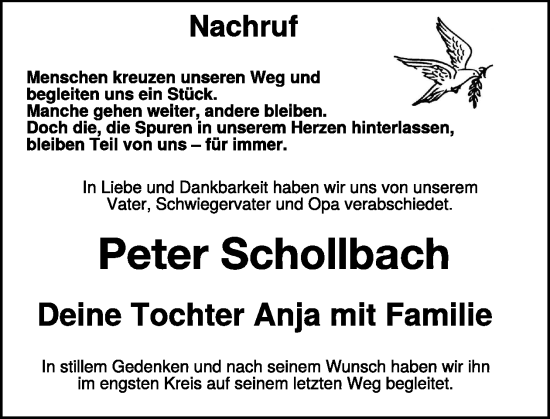 Traueranzeige von Peter Schollbach von WochenKurier