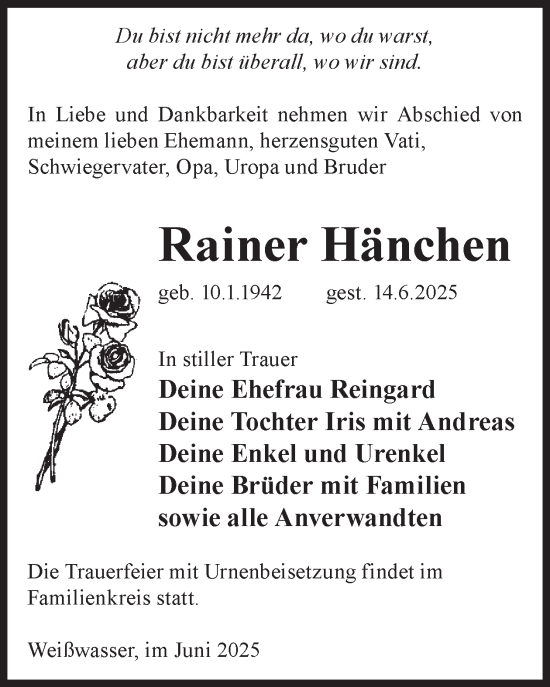 Traueranzeige von Rainer Hänchen von WochenKurier