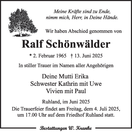 Traueranzeige von Ralf Schönwälder von WochenKurier