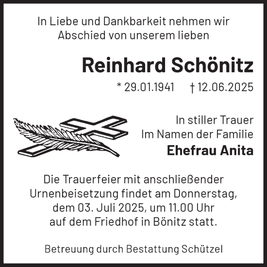 Traueranzeige von Reinhard Schönitz von WochenKurier