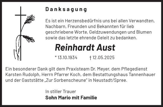 Traueranzeige von Reinhardt Aust von WochenKurier