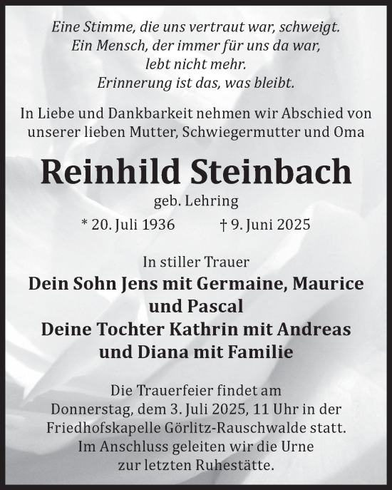 Traueranzeige von Reinhild Steinbach von WochenKurier