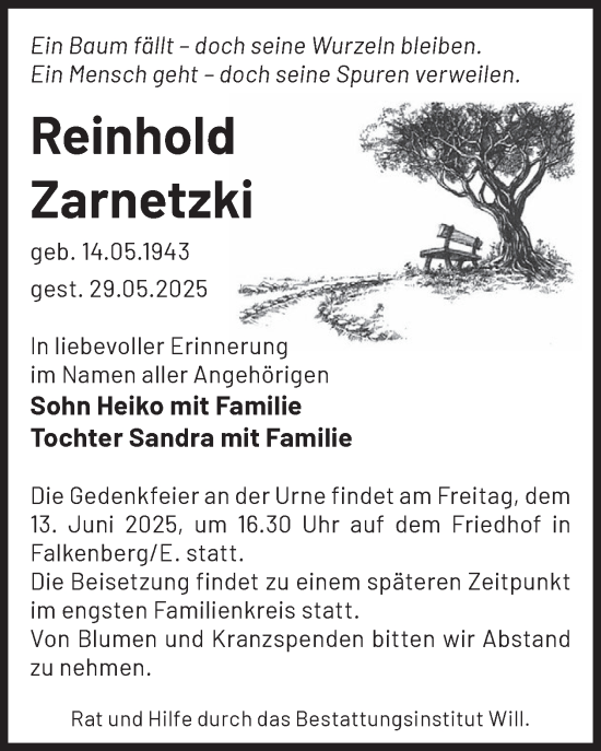 Traueranzeige von Reinhold Zarnetzki von WochenKurier