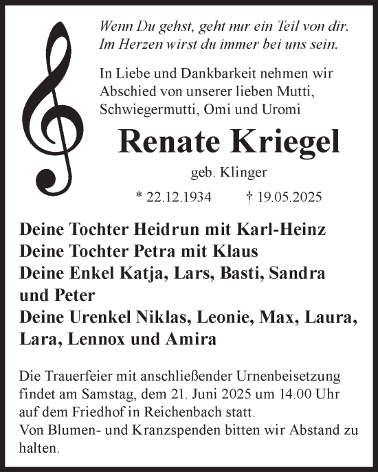 Traueranzeige von Renate Kriegel von WochenKurier