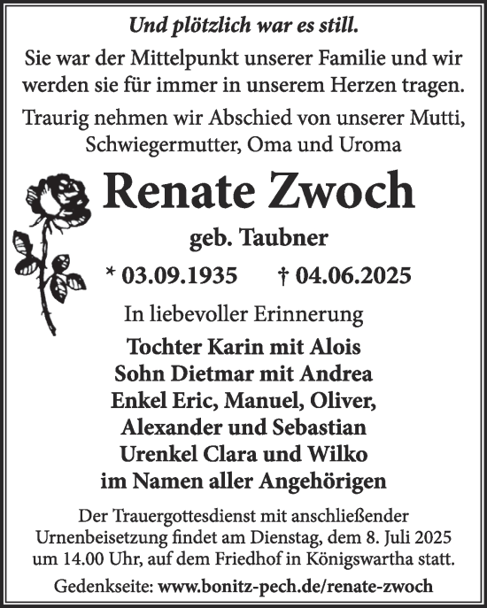 Traueranzeige von Renate Zwoch von WochenKurier