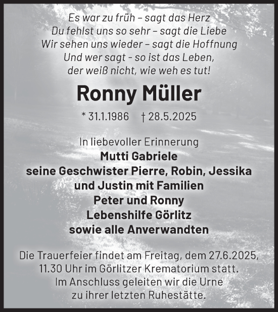 Traueranzeige von Ronny Müller von WochenKurier