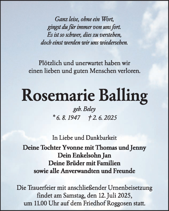 Traueranzeige von Rosemarie Balling von WochenKurier