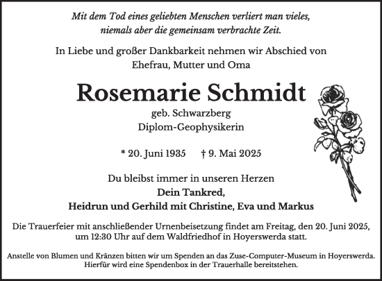 Traueranzeige von Rosemarie Schmidt von WochenKurier