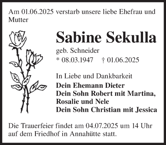 Traueranzeige von Sabine Sekulla von WochenKurier